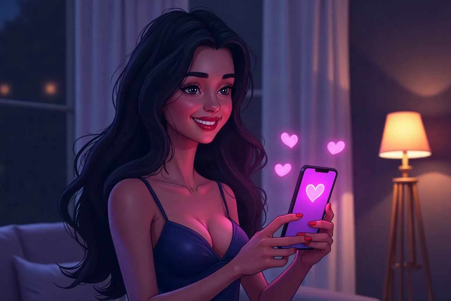 Mujer trans sonriendo mientras chatea con su novia trans IA en el móvil, con un corazón luminoso en tonos violeta